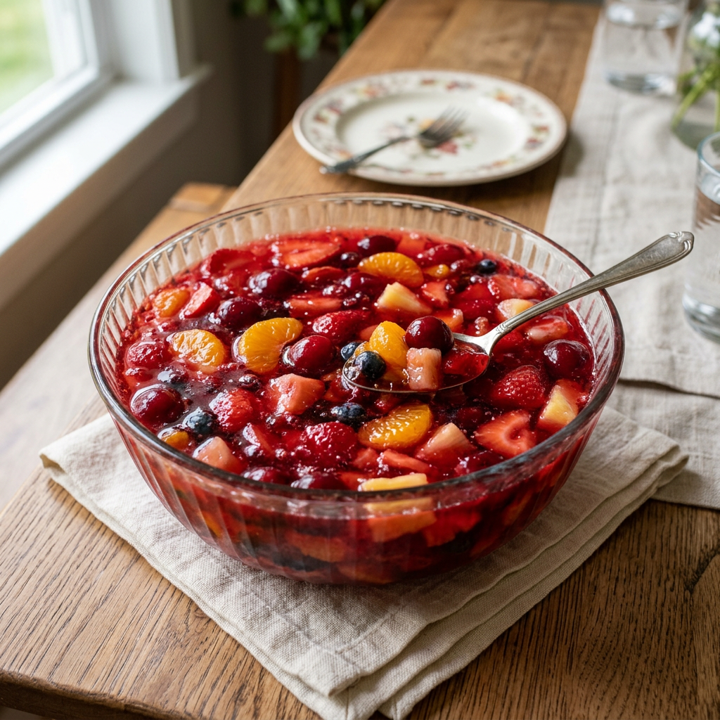 Glass bowl filled with fruit punch containing strawberries, cherries, blueberries, pineapple, and mandarin slices with a spoon inside