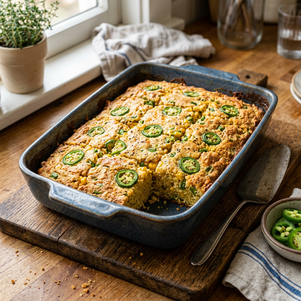 Jalapeño cornbread with sliced jalapeños in a blue rectangular baking dish